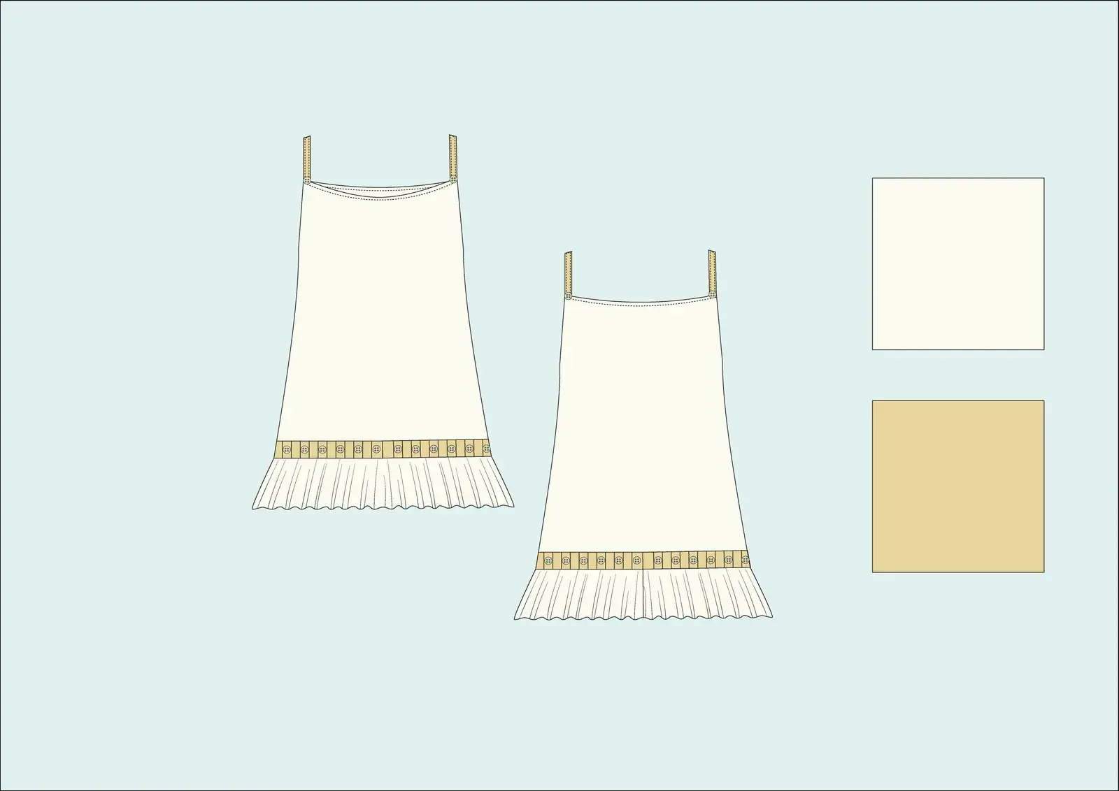 Technical flat: two sleeveless dresses in off-white with an embroidered edge above a pleated skirt, with fabric swatches in off-white and sand.