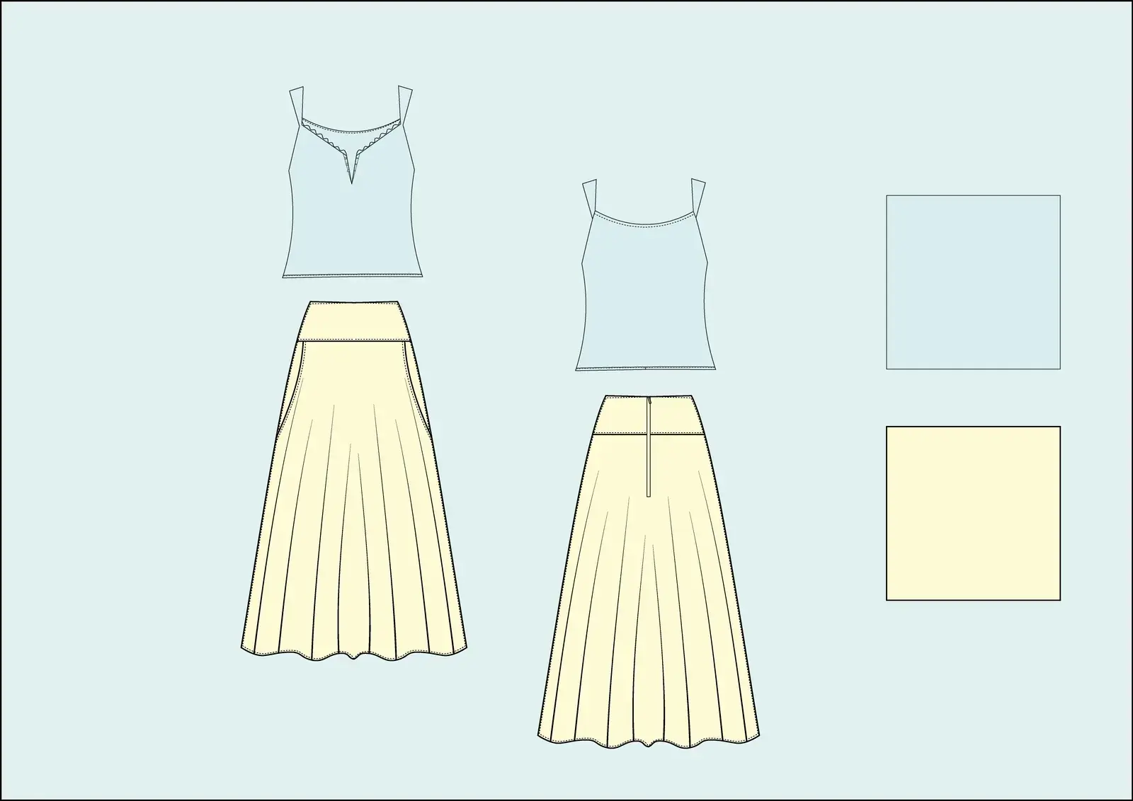Technical flat: pale blue camisole with a sweetheart neckline over a long, flaring skirt in pale yellow, with fabric swatches in pale blue and pale yellow.