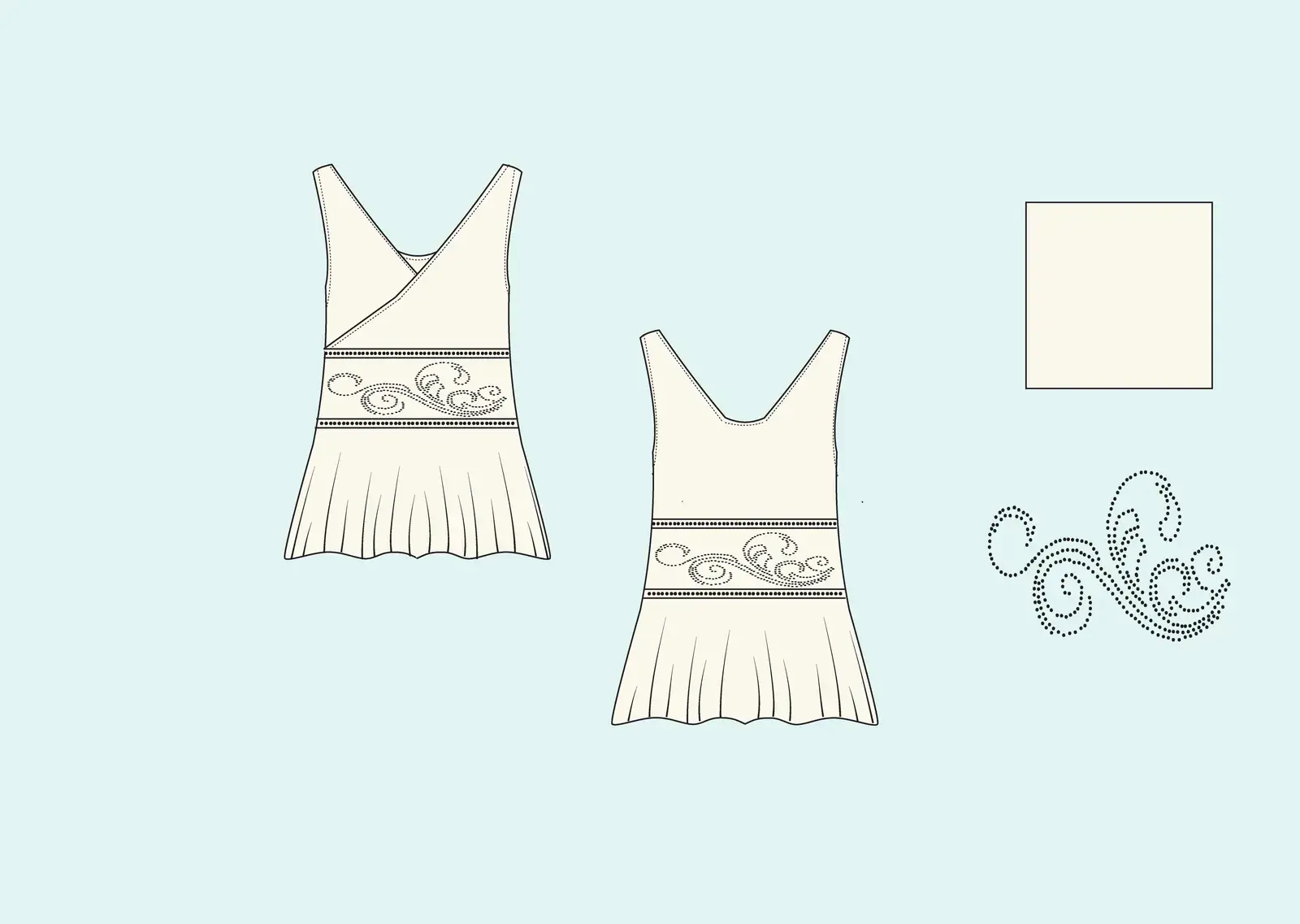 Technical flat: off-white dress with a V neckline and an embroidered waist edge above a pleated skirt, front and back, with a wave-shaped embroidery motif.