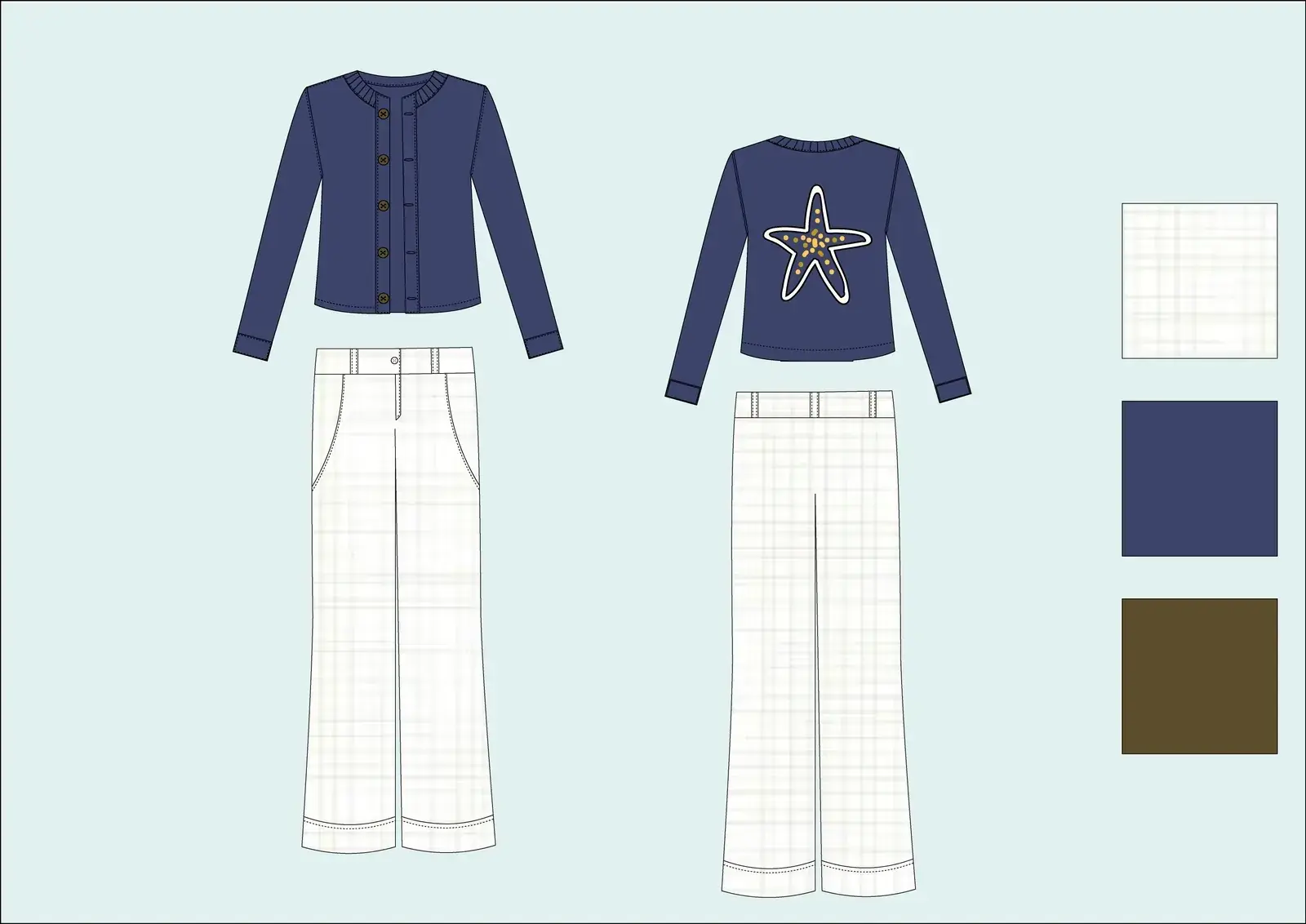 Technical flat: navy buttoned cardigan and navy top with a gold starfish, over checked wide-leg trousers, with fabric swatches in check, navy and brown.