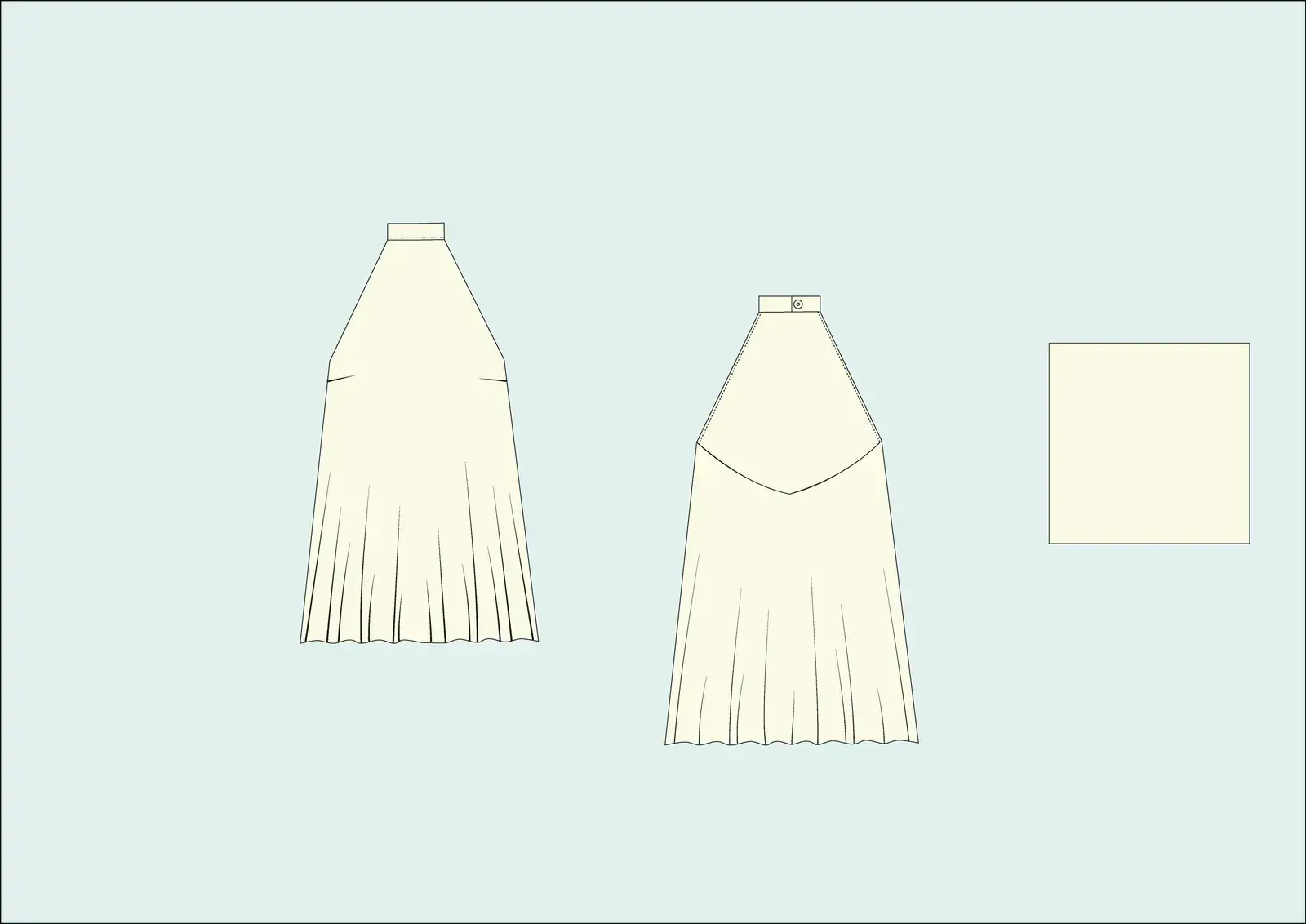 Technical flat: two long skirts in off-white, one straight and one with a gathered hip, with an off-white fabric swatch.