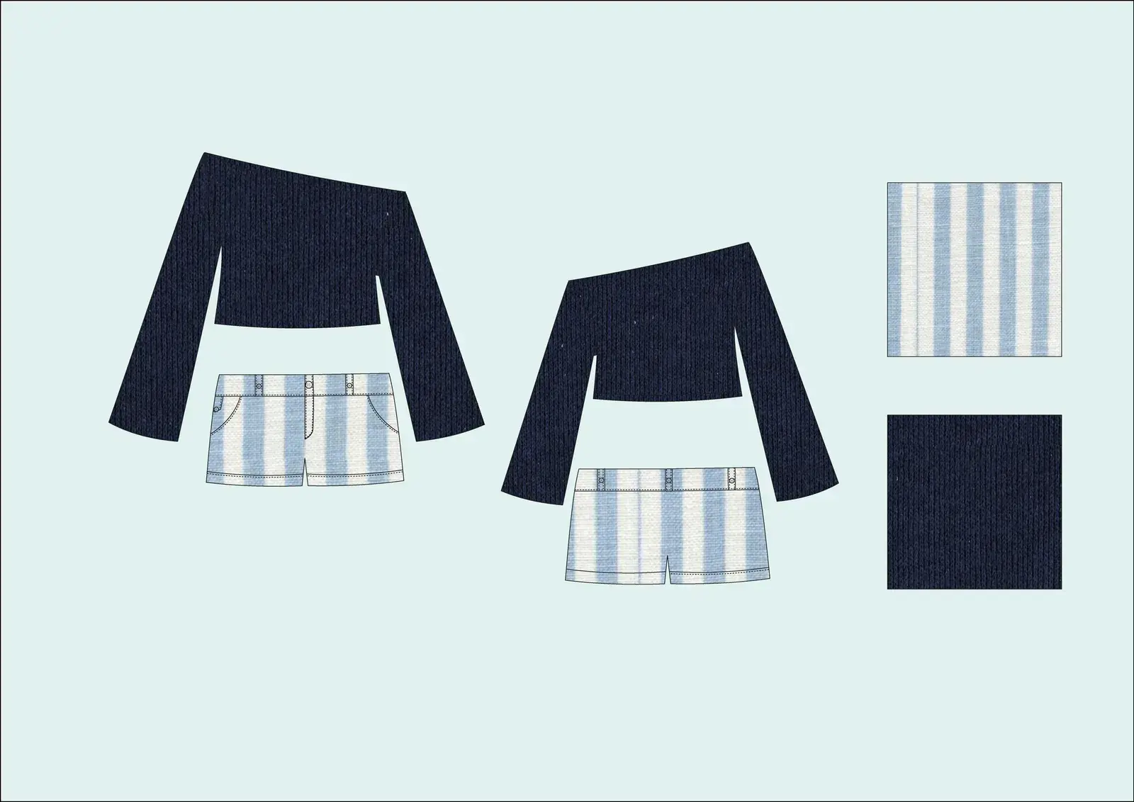 Technical flat: cropped strapless ribbed knit top with long sleeves over striped shorts, in two colourways, with fabric swatches in navy rib and blue stripe.