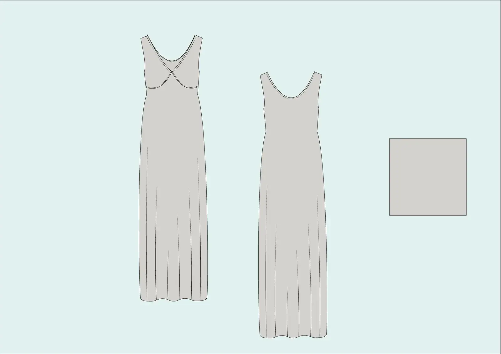 Technical flat: two long slip dresses in grey, one with crossed straps at the back and one with a round neckline, with a grey fabric swatch.