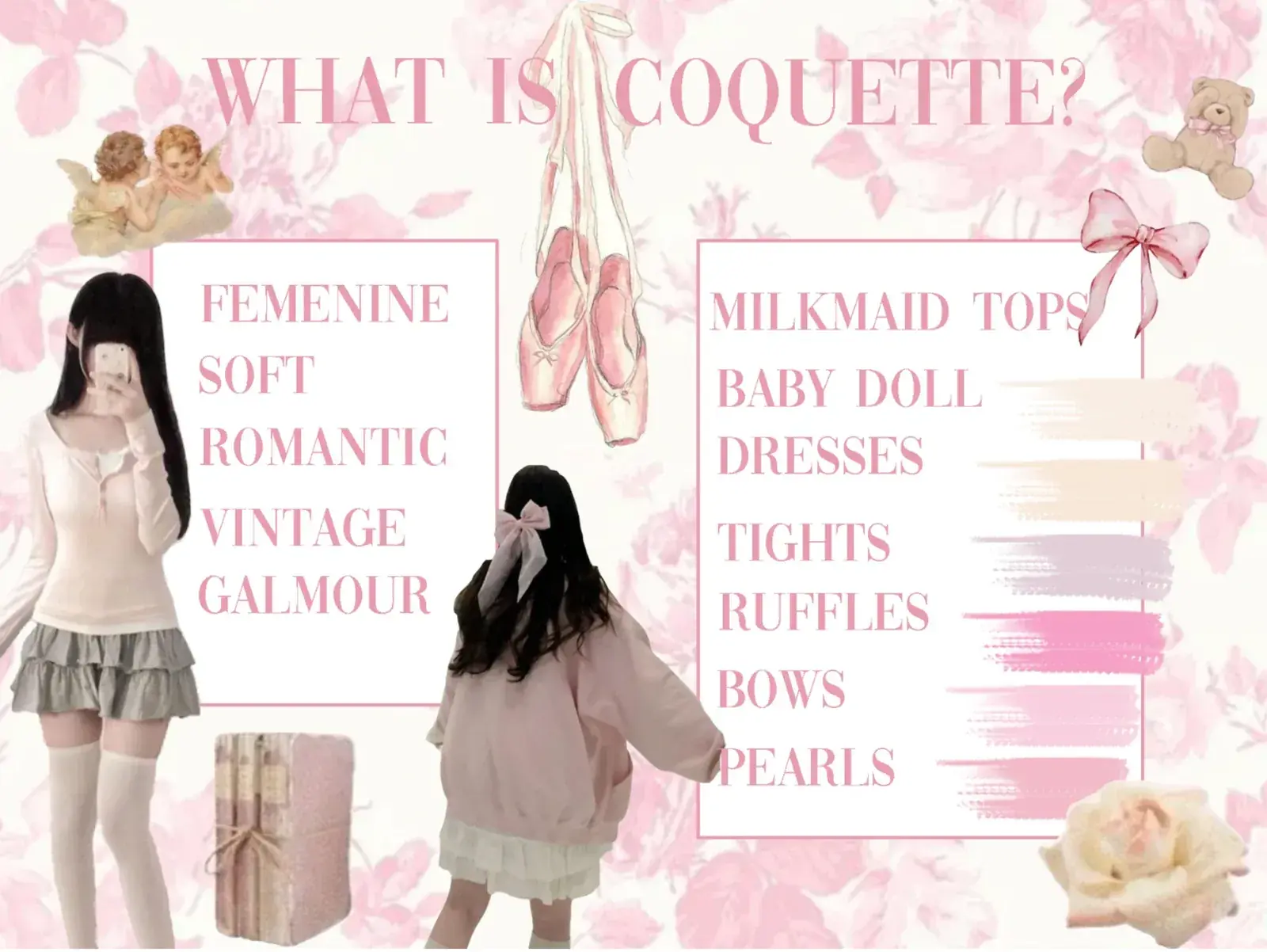 Slide 3 of the trend study presentation: what coquette is, with the keywords feminine, soft, romantic, vintage and glamour beside a list of garments.