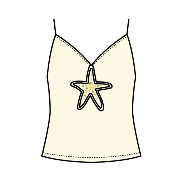 Digital flat: camisole with narrow straps and a frayed star appliqued centre front at the neckline.