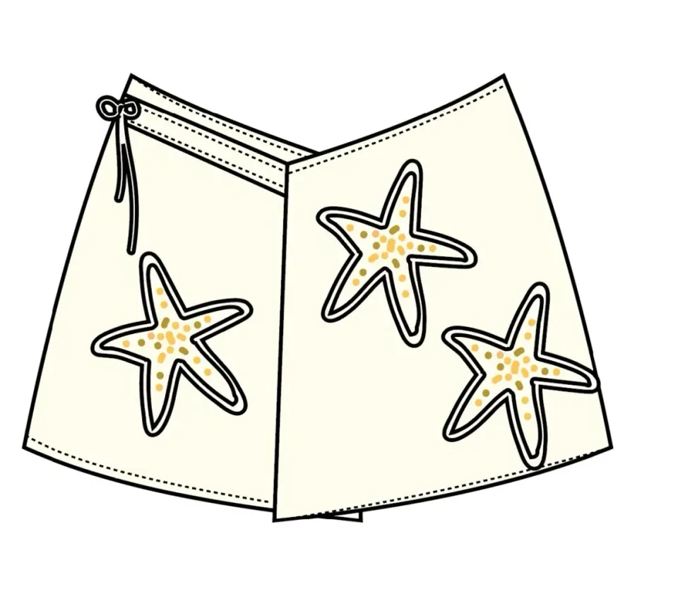 Digital flat: folded fabric panel with three appliqued stars and a lacing at the lower edge.