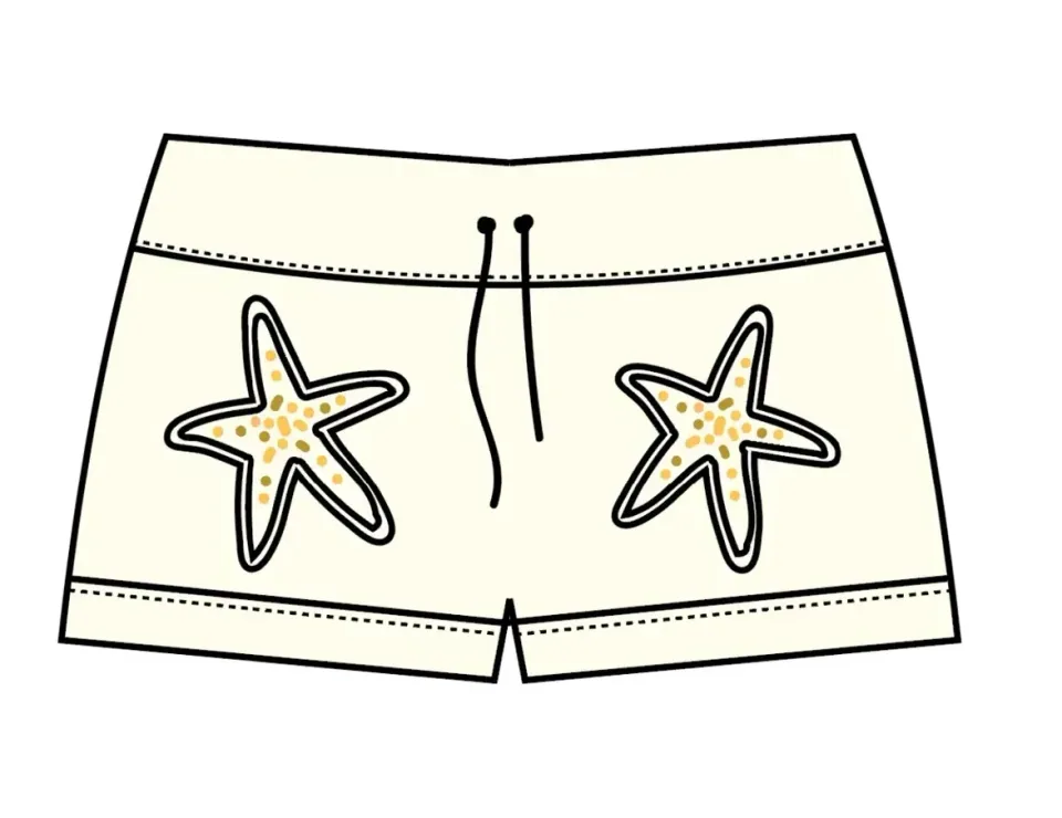 Digital flat: straight fabric panel with two appliqued stars and a tie between them.